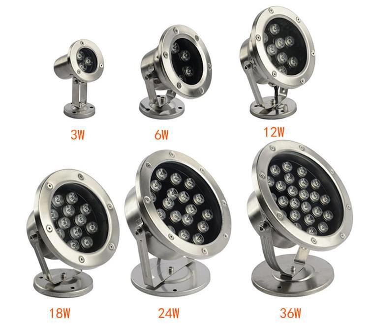 Projecteur LED de fontaine inox sur lyre — 3 à 36 W