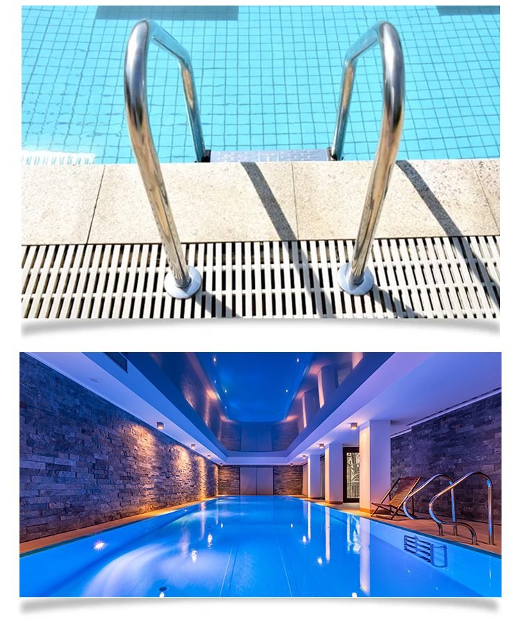 &Eacute;chelles inox en situation, piscine ext&eacute;rieure et int&eacute;rieure